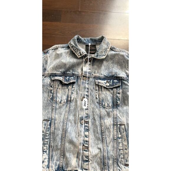 Forever 21 Alphonse Mucha Stained Glass Acid Wash Blue Jean Denim Jacket Mens M - Picture 7 of 9